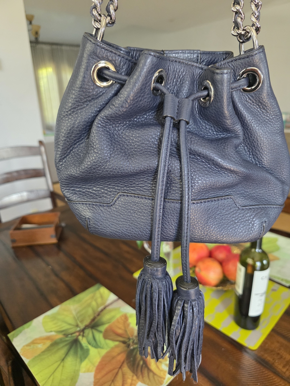 Rebecca Minkoff Navy Pebbled Leather Drawstring Shoulder Bag with Tassels